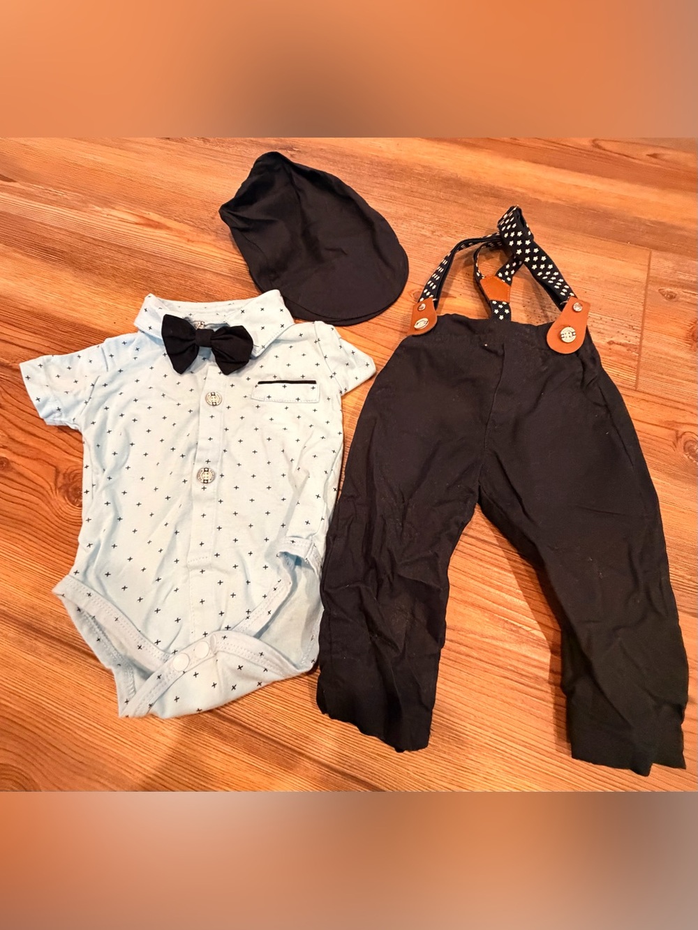 Size 3-6 Months Boys' Navy Suspender Pants & Light Blue Bodysuit Outfit Bow Tie